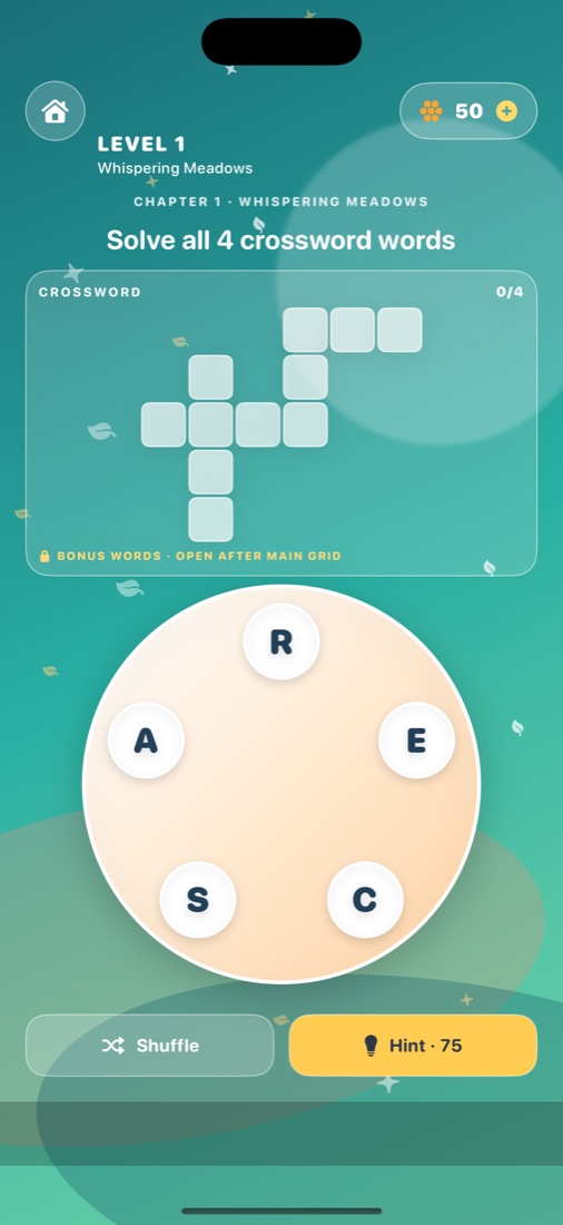 WordBloom's first crossword puzzle with a letter wheel