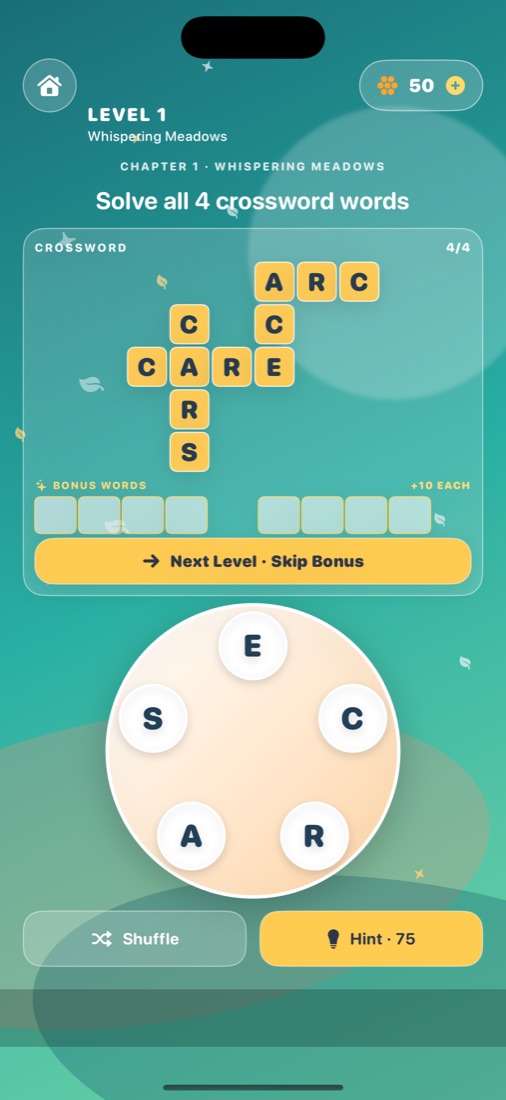 Completed crossword with bonus word choices and next button